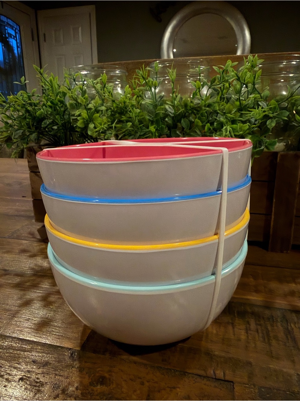 Stackable White Mixing Bowl Set with Pink, Blue, Yellow and Mint Rims